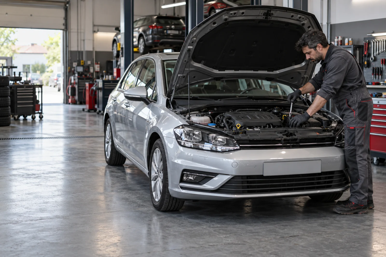 Imagem ilustrativa de um mecânico a trabalhar num automóvel numa oficina